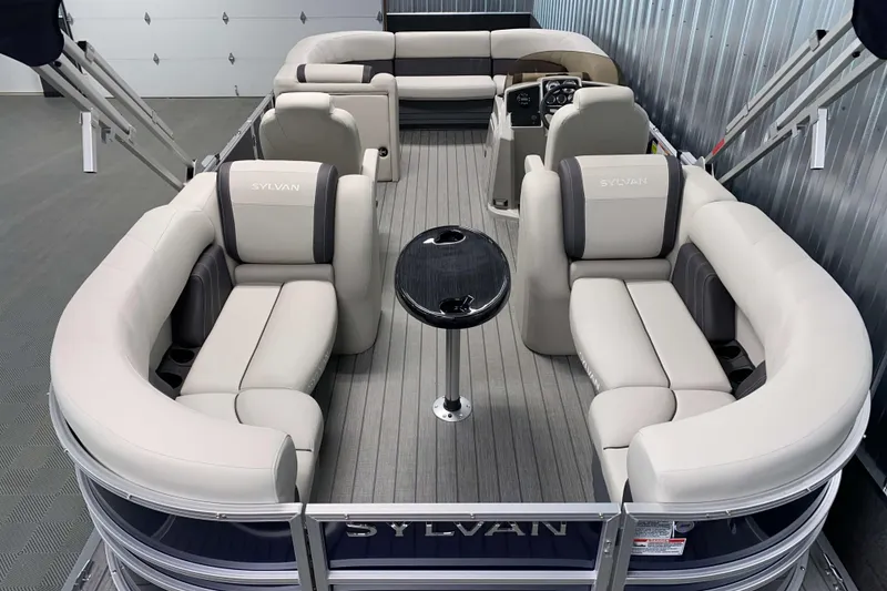 Slide: The Image of 2026 Sylvan Mirage 8522 LZ pontoon boat with luxurious seating and sleek design. - 13