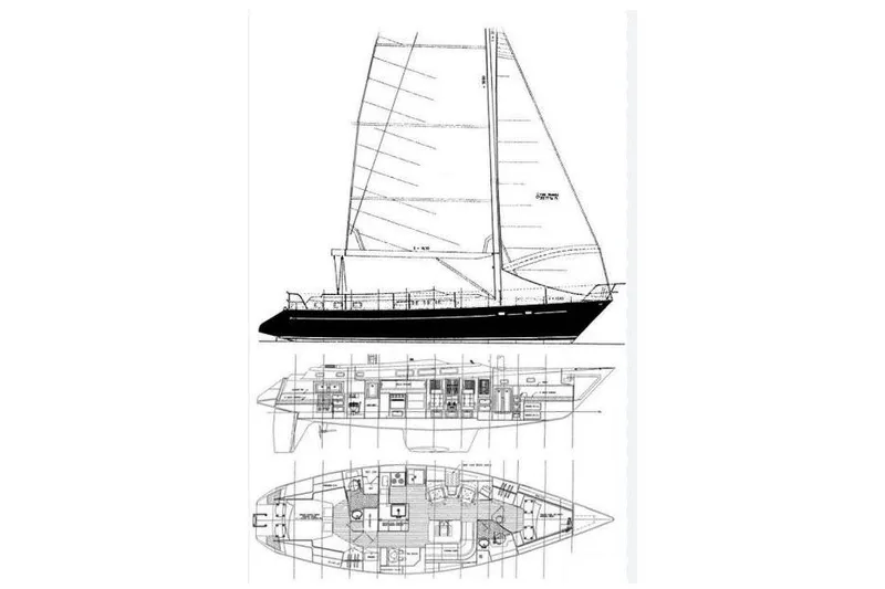 Slide: The Image of Blueprint of 1997 Freedom 45 sailboat, showcasing side and top views with detailed interior layout. - 5