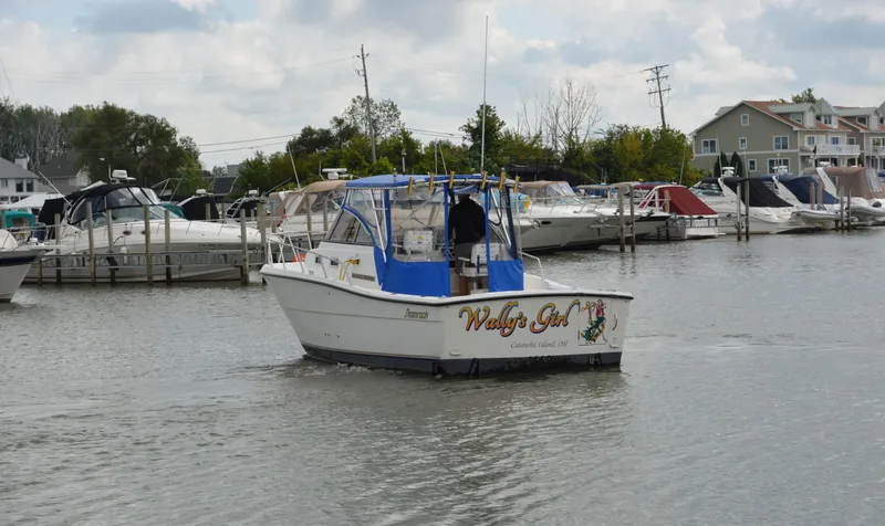 Slide: The Image of 2001 Shamrock 290 Walkaround boat in marina, overcast sky, surrounded by other boats. - 3