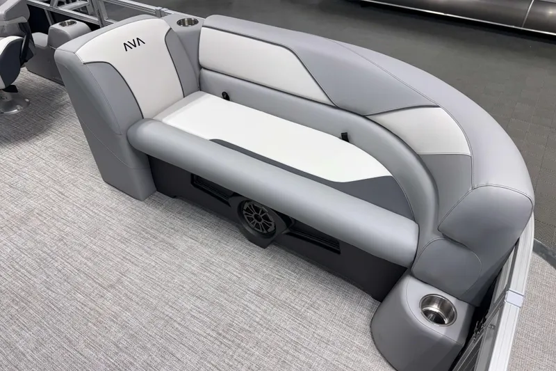Slide: The Image of 2026 Avalon Venture 2385 QL Tritoon interior seating with gray and white upholstery. - 11