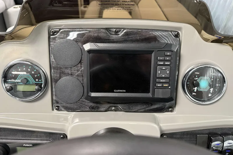 Slide: The Image of Dashboard of 2026 Avalon Venture 2385 QL Tritoon with Garmin display and gauges. - 20
