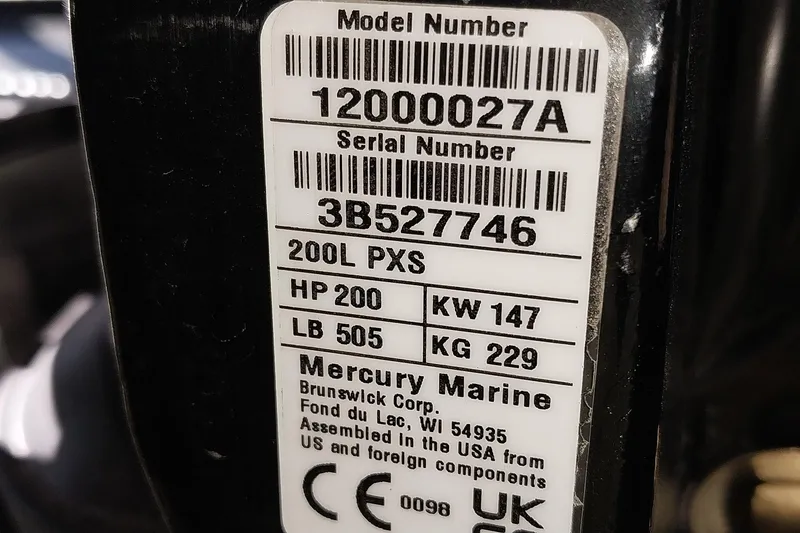 Slide: The Image of Label on Mercury Marine engine, model 12000027A, 200 HP, 2025 Ranger ALPHA 208. - 28