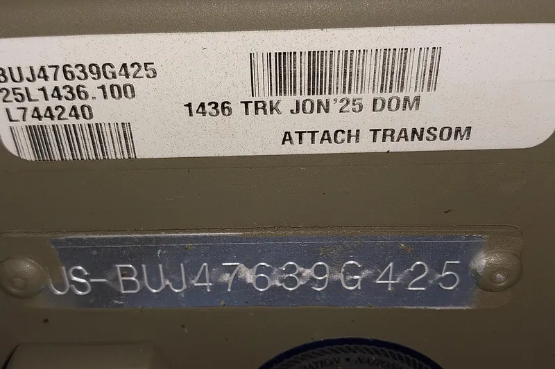Slide: The Image of 2025 Tracker Grizzly 1436 Utility boat identification plate with serial numbers and barcodes. - 18