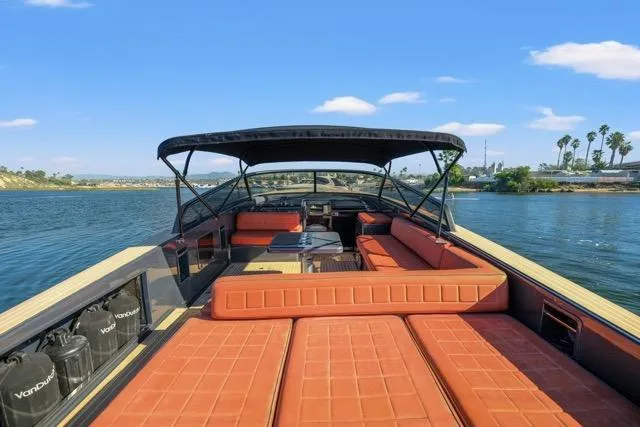 Slide: The Image of Luxurious 2015 VanDutch 40 yacht with spacious seating on a serene waterway. - 42