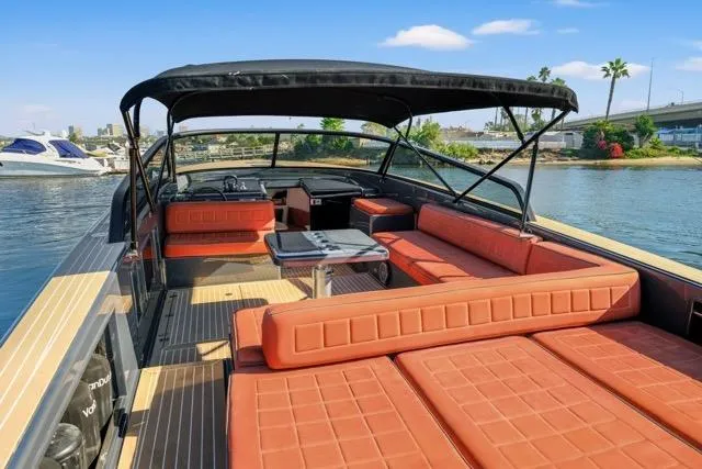 Slide: The Image of 2015 VanDutch 40 yacht with spacious seating and canopy on a sunny day. - 45