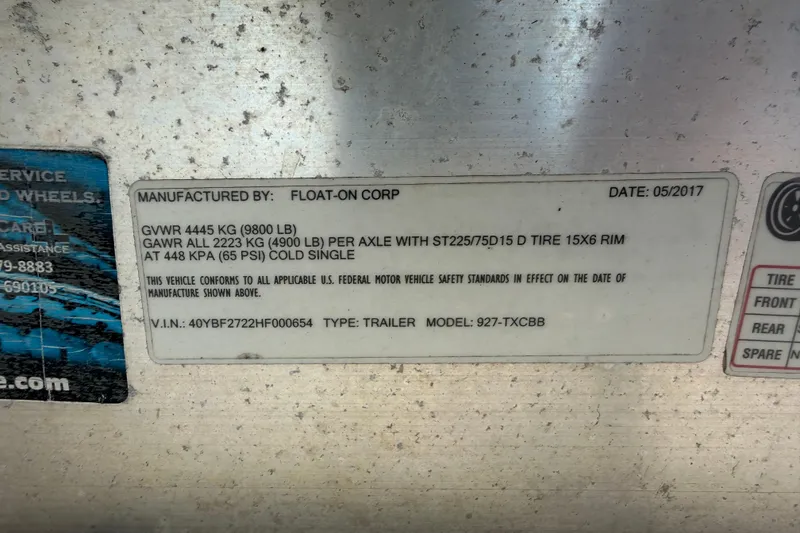 Slide: The Image of Label on a 2018 Twin Vee 260 CC SE trailer, manufactured by Float-On Corp, dated 05/2017. - 15