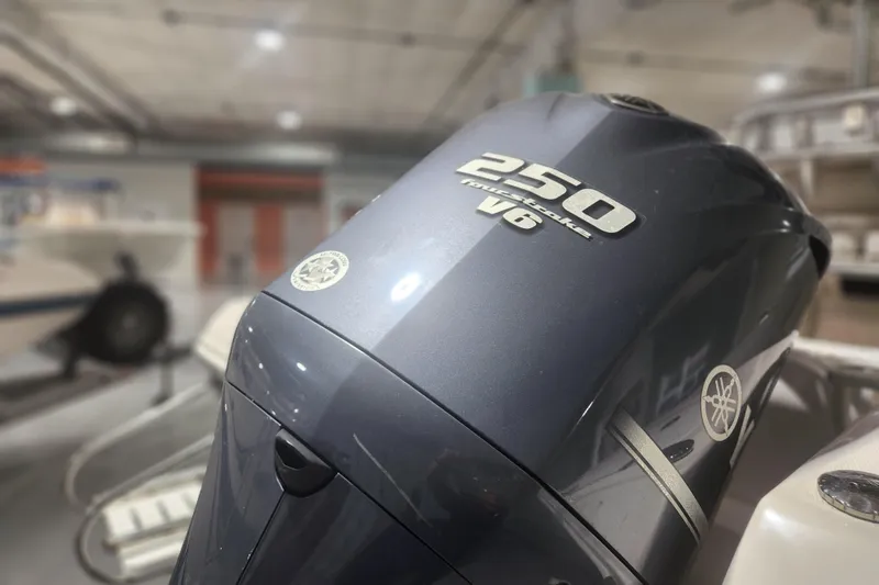Slide: The Image of Close-up of Yamaha F250XCA engine label on 2012 Edgewater 228CC boat. - 29