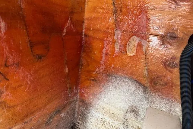 Slide: The Image of Interior view of 2014 Sea Ray SLX 350 boat showing fiberglass and wood construction details. - 34