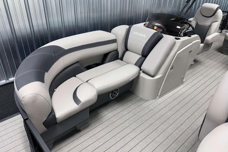 Slide: The Image of Luxurious seating on 2025 Sylvan L3 CLZ DH pontoon boat, featuring sleek design and comfort. - 2