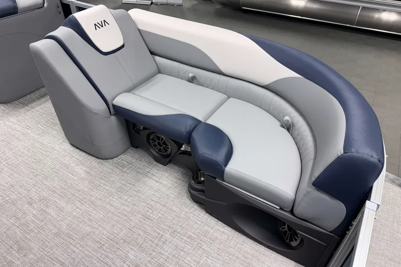 Slide: The Image of 2026 Avalon LSZ 2385 VRB boat seating with stylish gray and blue upholstery. - 11