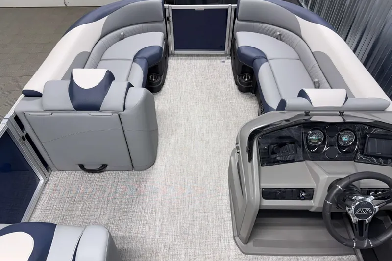 Slide: The Image of Luxurious interior of 2026 Avalon LSZ 2385 VRB pontoon boat with plush seating. - 12