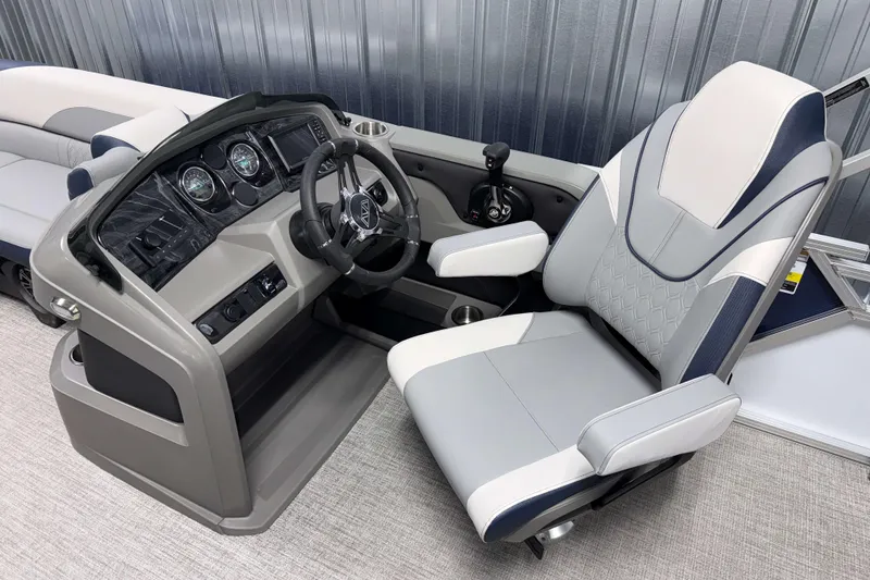 Slide: The Image of Luxurious 2026 Avalon LSZ 2385 VRB boat interior with modern helm and comfortable captain's chair. - 14