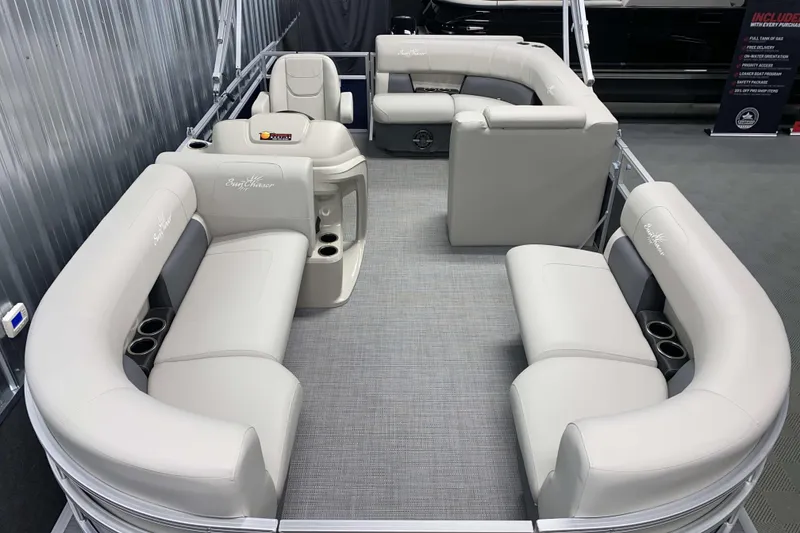 Slide: The Image of 2025 SunChaser Vista 20 CRB pontoon boat interior with luxurious seating and modern design. - 1
