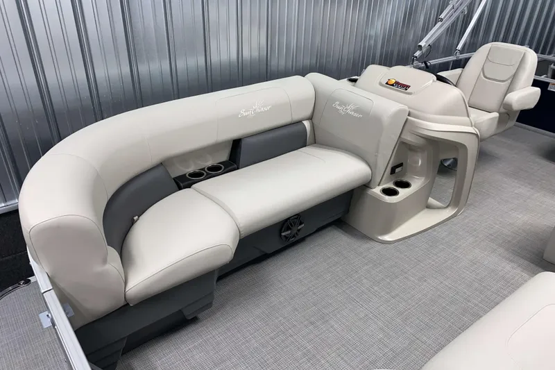 Slide: The Image of Luxurious interior of 2025 SunChaser Vista 20 CRB pontoon boat with plush seating. - 3