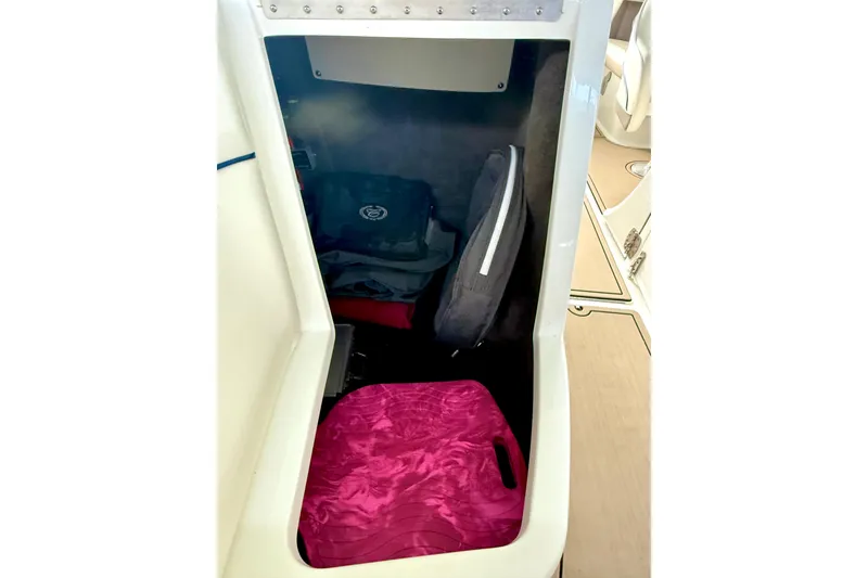 Slide: The Image of 2006 Cobalt 272 boat interior storage compartment with pink cushion and gear. - 41