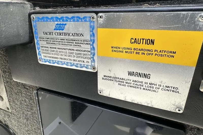 Slide: The Image of 1989 Formula 292 SR-1 yacht certification and safety warning labels. - 52