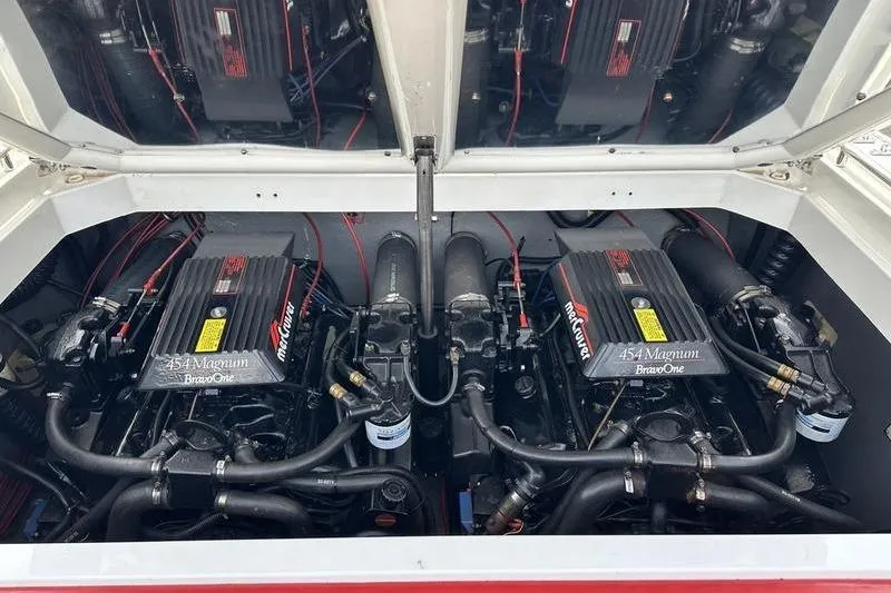 Slide: The Image of 1989 Formula 292 SR-1 boat engine compartment with twin 454 Magnum Bravo One engines. - 73