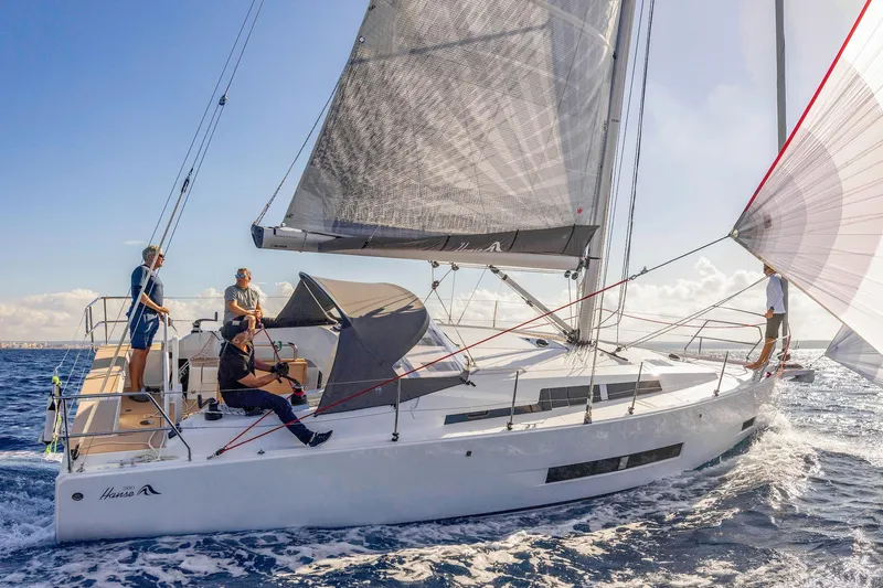Slide: The Image of Sailing on a 2026 Hanse 360 yacht with crew, under clear skies and calm seas. - 13