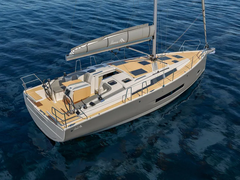 Slide: The Image of 2025 Hanse 360 sailboat on calm blue water, showcasing sleek design and modern features. - 16