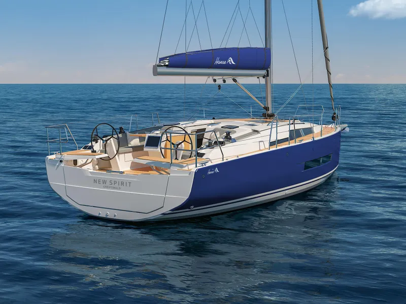 Slide: The Image of 2025 Hanse 360 sailboat on open sea, featuring sleek blue and white design. - 17