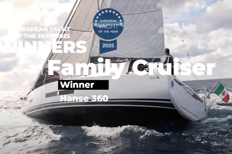 Slide: The Image of Hanse 360 yacht sailing, awarded 2025 European Yacht of the Year, Family Cruiser category. - 5