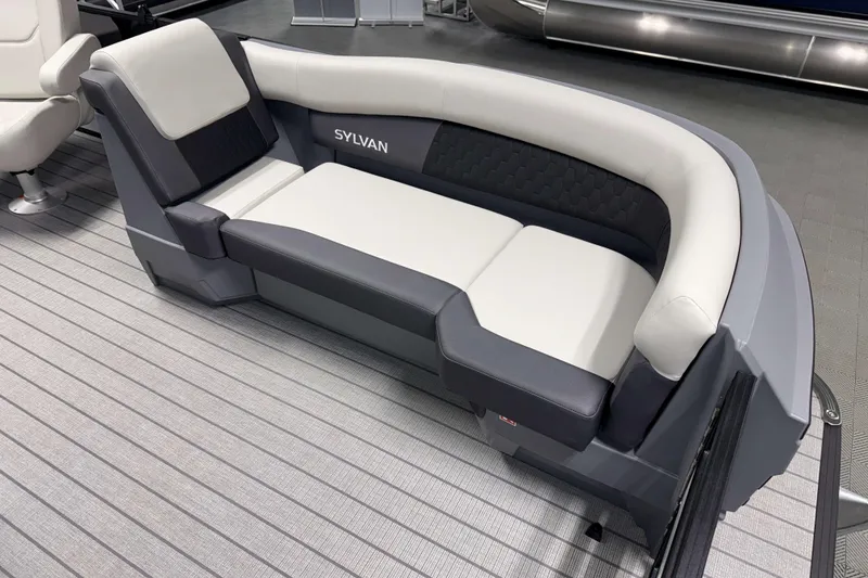 Slide: The Image of 2026 Sylvan R 20 LZ DH boat seating, featuring modern gray and white upholstery. - 3