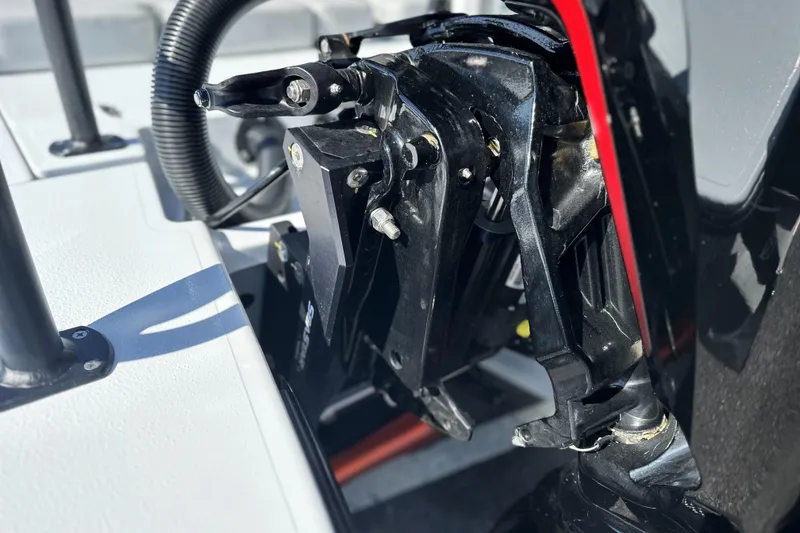 Slide: The Image of Close-up of 2025 East Cape VHP boat's steering mechanism and hydraulic system. - 8