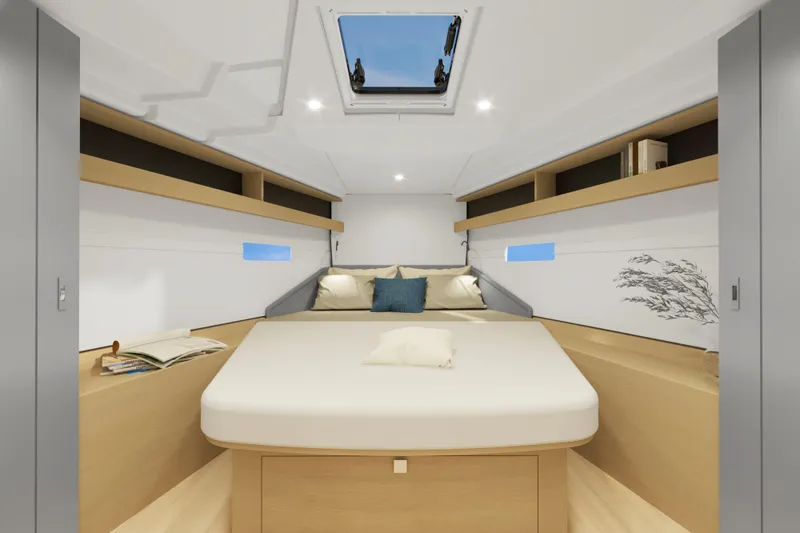 Slide: The Image of Luxurious interior of 2026 Hanse 360 ST yacht cabin with skylight and modern design. - 15