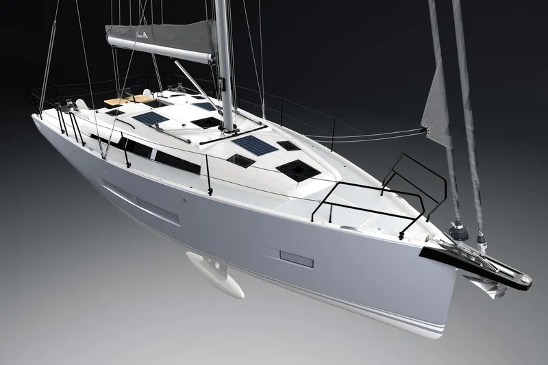 Slide: The Image of 2026 Hanse 360 ST sailboat with sleek design and modern features, side view. - 2