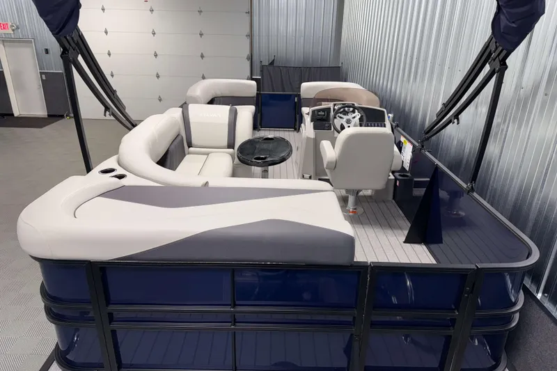 Slide: The Image of 2026 Sylvan Mirage 820 Cruise pontoon boat with modern seating and sleek design. - 15