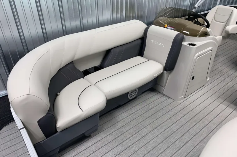 Slide: The Image of 2026 Sylvan Mirage 820 Cruise boat interior with luxurious seating and modern design. - 2