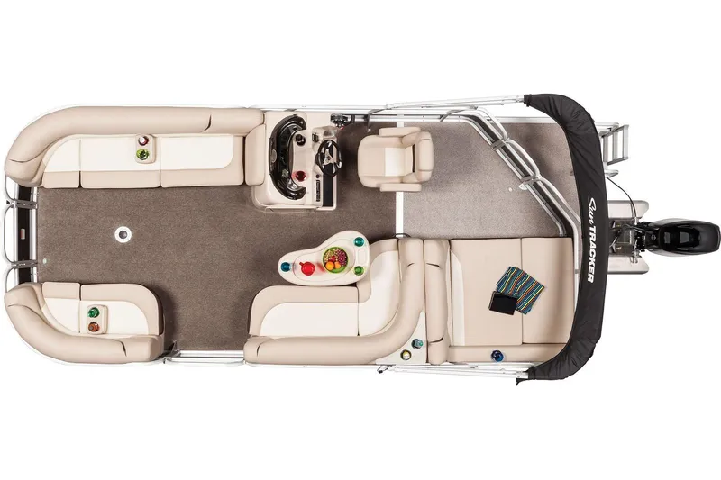 Slide: The Image of 2015 Sun Tracker Party Barge 22 XP3 pontoon boat with canopy, docked under a cloudy sky. - 12