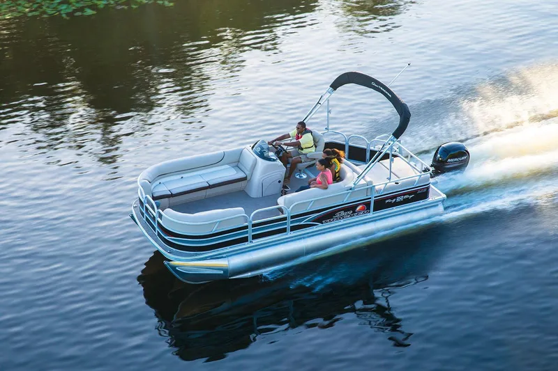 Slide: The Image of 2015 Sun Tracker Party Barge 22 XP3, beige seating area with storage compartment. - 9