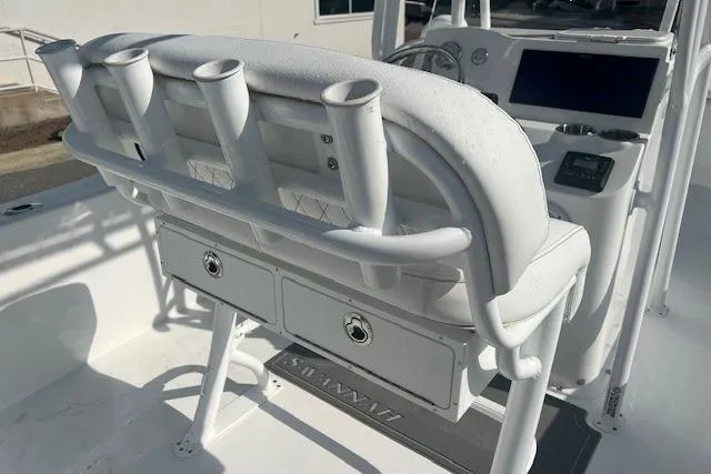 Slide: The Image of 2024 Savannah SS21 boat interior with rod holders and storage compartments. - 6