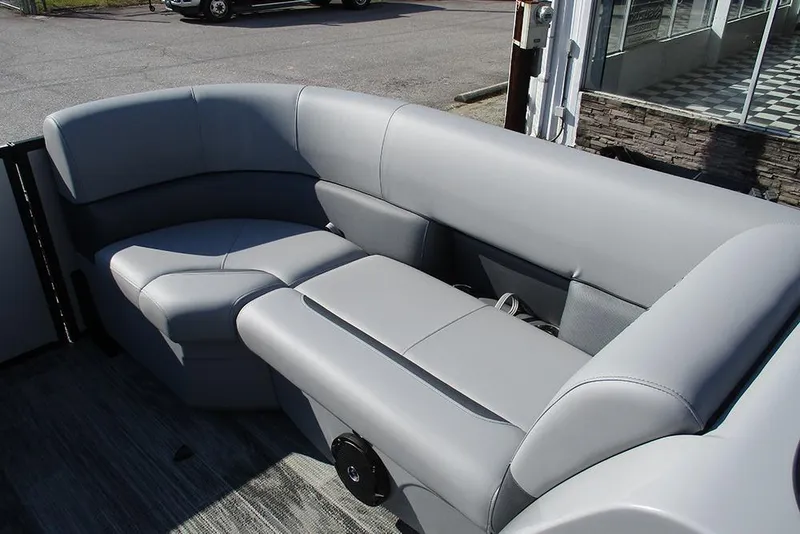 Slide: The Image of 2026 Bentley Pontoons Legacy 220 Swingback with luxurious gray seating. - 16