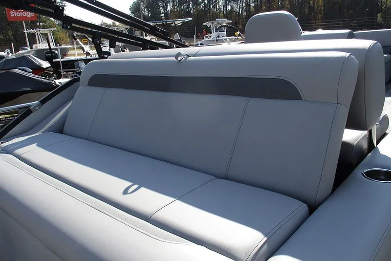 Slide: The Image of 2026 Bentley Pontoons Legacy 220 Swingback, luxurious gray seating detail. - 25