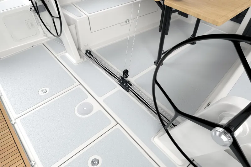 Slide: The Image of Modern cockpit of 2026 Hanse 360 ST yacht with dual steering wheels and sleek design. - 13