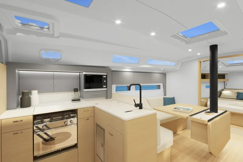 Slide: The Image of Modern interior of 2026 Hanse 360 ST yacht with sleek kitchen and dining area. - 14