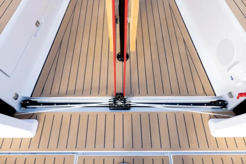 Slide: The Image of Deck of 2026 Hanse 360 ST sailboat with sleek wood finish and rigging details. - 21