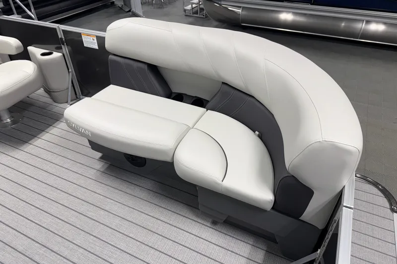 Slide: The Image of 2026 Sylvan Mirage 8520 LZ boat seating with white and gray upholstery. - 3