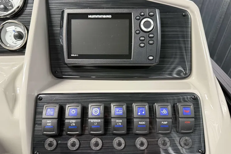 Slide: The Image of Control panel of 2026 Sylvan Mirage 8520 CLZ DH with Humminbird Helix 5 display. - 11