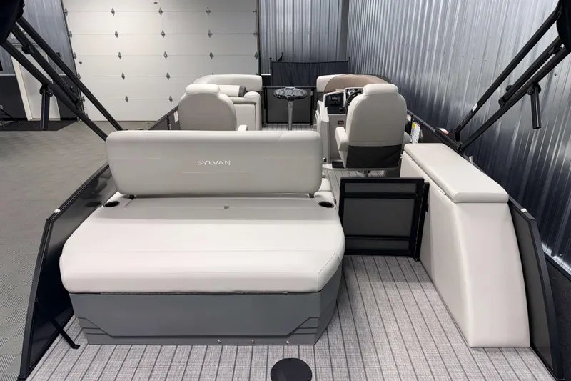 Slide: The Image of 2026 Sylvan Mirage 8520 CLZ DH pontoon boat interior with sleek seating and modern design. - 16