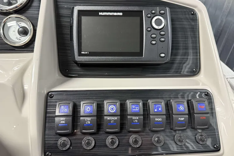 Slide: The Image of Control panel of 2026 Sylvan Mirage 8520 LZ with Humminbird Helix 5 display. - 10