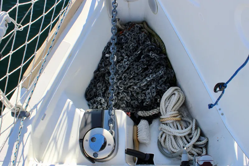 Slide: The Image of Anchor chain and ropes in Jeanneau Sun Odyssey 349 sailboat, 2015 model. - 13