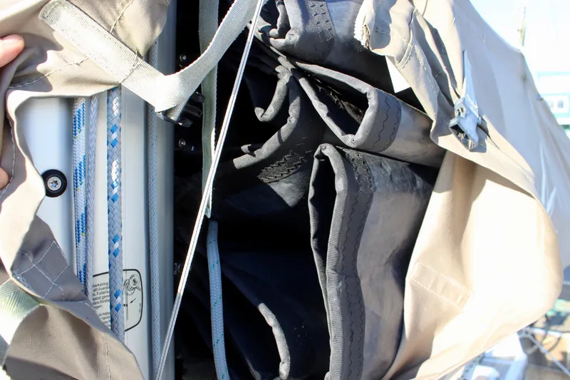 Slide: The Image of Close-up of Jeanneau Sun Odyssey 349 sailboat rigging and sail cover, 2015 model. - 16