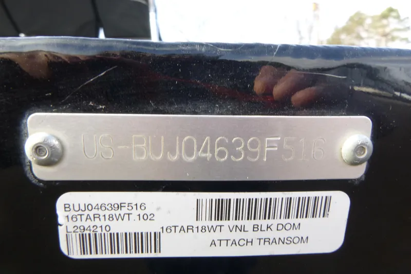 Slide: The Image of 2016 Tracker Targa V-18 WT boat identification plate with serial number and barcode. - 19