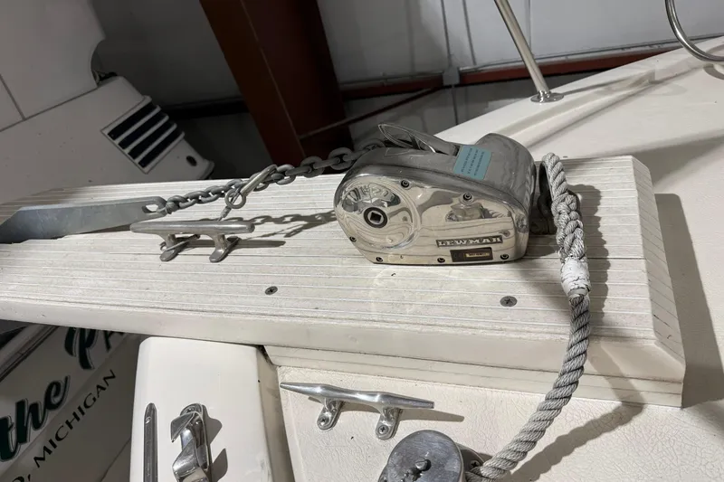 Slide: The Image of 1979 Chris-Craft 350 Catalina boat deck with Lewmar anchor winch and chain. - 14
