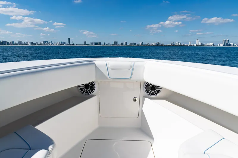 Slide: The Image of 2024 SeaVee 390B boat interior with ocean and city skyline view. - 48