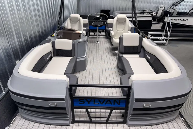 Slide: The Image of 2026 Sylvan R-20 LZ DH pontoon boat with spacious seating and modern design. - 2