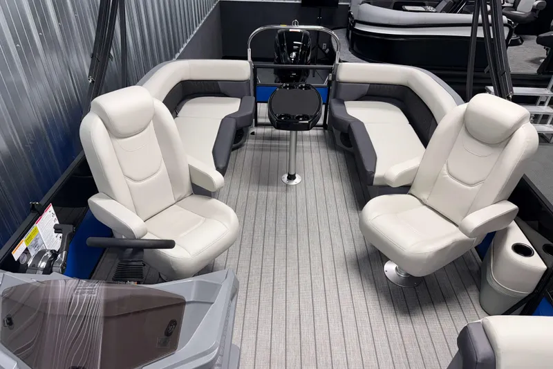 Slide: The Image of Luxurious interior of 2026 Sylvan R-20 LZ DH pontoon boat with plush seating. - 6
